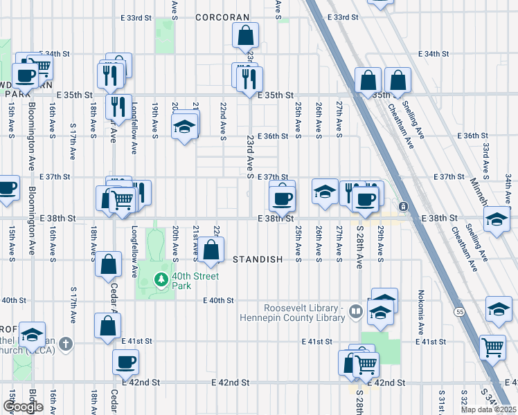 map of restaurants, bars, coffee shops, grocery stores, and more near 2249 East 38th Street in Minneapolis