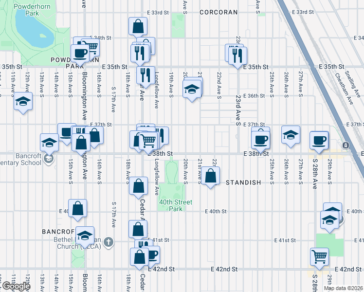 map of restaurants, bars, coffee shops, grocery stores, and more near 1903 East 38th Street in Minneapolis