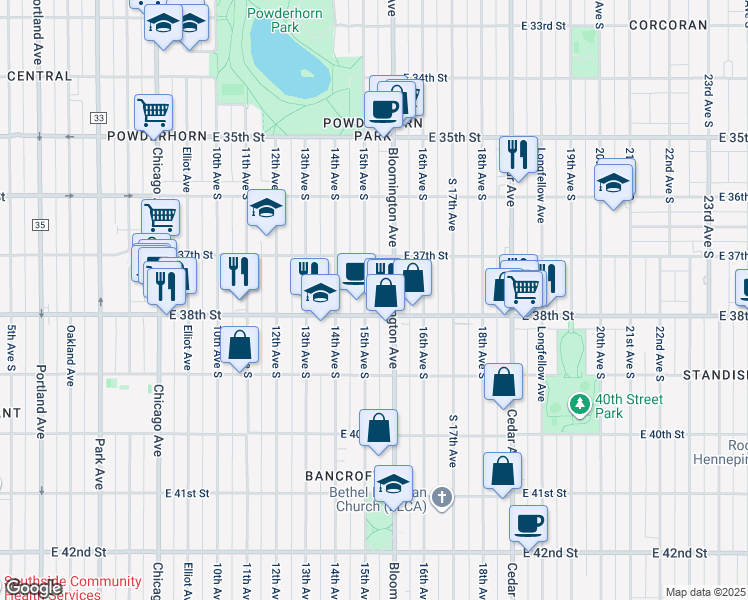 map of restaurants, bars, coffee shops, grocery stores, and more near 1505 East 38th Street in Minneapolis