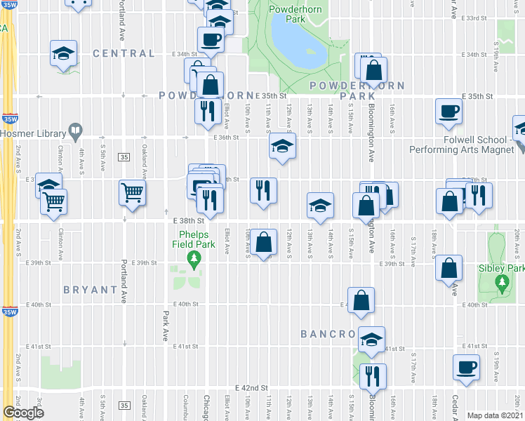 map of restaurants, bars, coffee shops, grocery stores, and more near 3801 10th Avenue South in Minneapolis