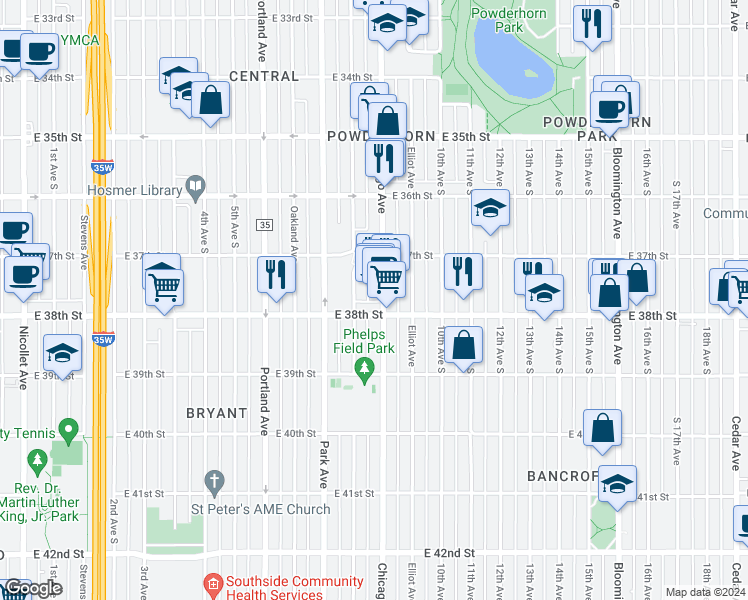 map of restaurants, bars, coffee shops, grocery stores, and more near 732 East 38th Street in Minneapolis