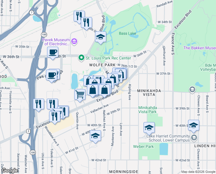 map of restaurants, bars, coffee shops, grocery stores, and more near 4624 Excelsior Boulevard in St. Louis Park