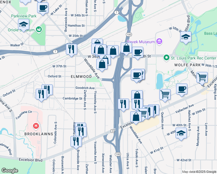 map of restaurants, bars, coffee shops, grocery stores, and more near 3801 Wooddale Avenue South in Minneapolis