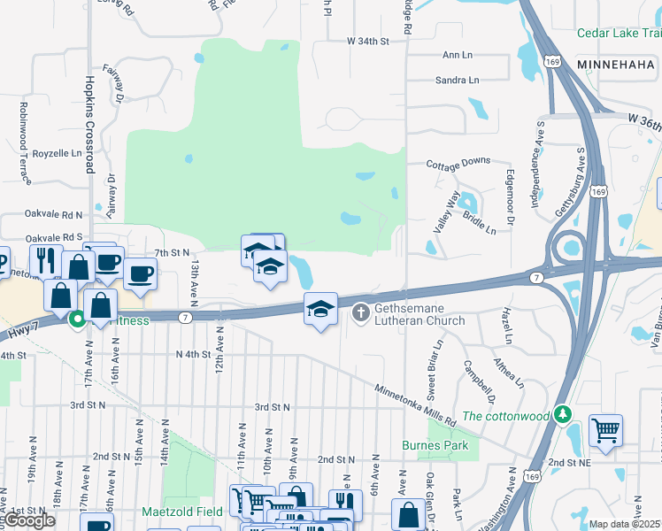 map of restaurants, bars, coffee shops, grocery stores, and more near 717 Minnesota 7 in Hopkins
