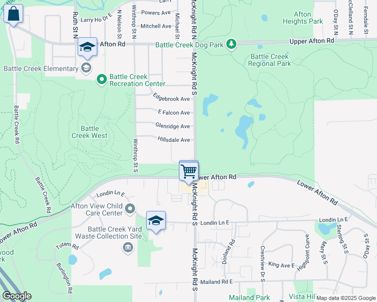 map of restaurants, bars, coffee shops, grocery stores, and more near 215 McKnight Road South in Maplewood