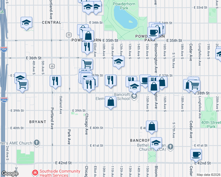 map of restaurants, bars, coffee shops, grocery stores, and more near 3801 10th Avenue South in Minneapolis
