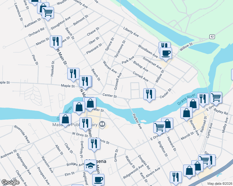 map of restaurants, bars, coffee shops, grocery stores, and more near 53-77 Center Street in Massena