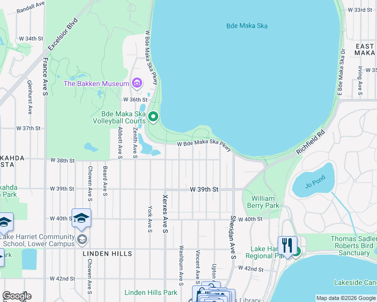 map of restaurants, bars, coffee shops, grocery stores, and more near 2815 West 38th Street in Minneapolis