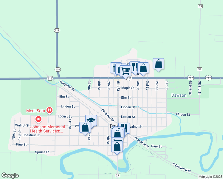 map of restaurants, bars, coffee shops, grocery stores, and more near 660 Elm Street in Dawson