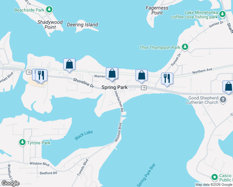map of restaurants, bars, coffee shops, grocery stores, and more near 2433 Interlachen Road in Spring Park
