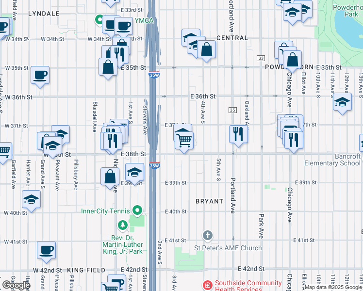 map of restaurants, bars, coffee shops, grocery stores, and more near 3800 Clinton Avenue in Minneapolis