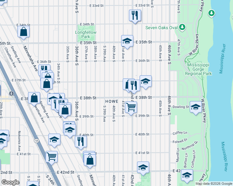 map of restaurants, bars, coffee shops, grocery stores, and more near 3804 41st Avenue South in Minneapolis