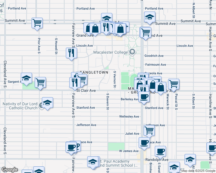 map of restaurants, bars, coffee shops, grocery stores, and more near 1706 Saint Clair Avenue in Saint Paul