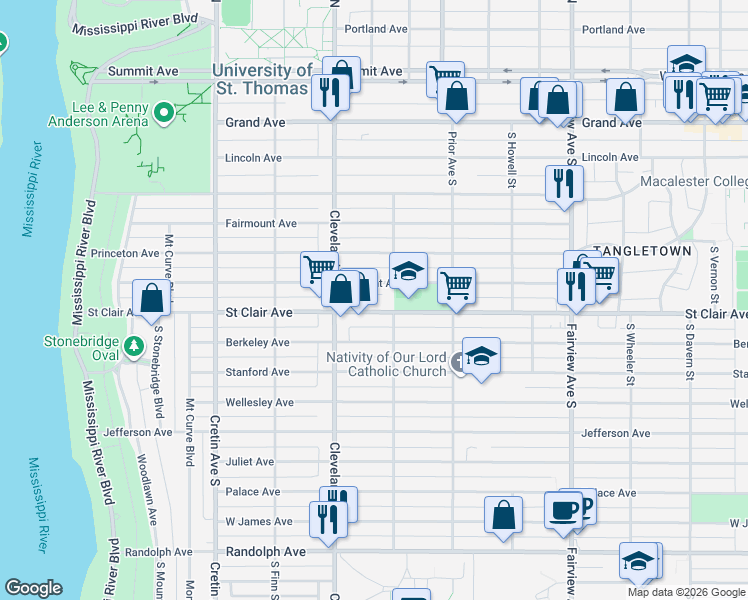 map of restaurants, bars, coffee shops, grocery stores, and more near 2020 Saint Clair Avenue in Saint Paul
