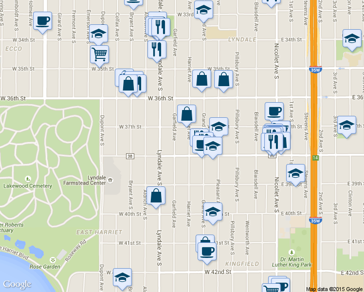 map of restaurants, bars, coffee shops, grocery stores, and more near 3801 Garfield Avenue in Minneapolis