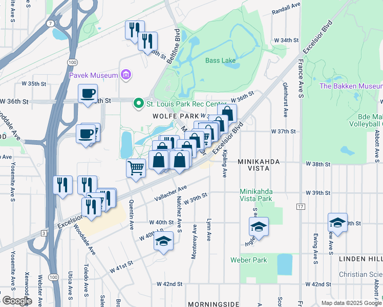 map of restaurants, bars, coffee shops, grocery stores, and more near 4509 Excelsior Boulevard in Minneapolis