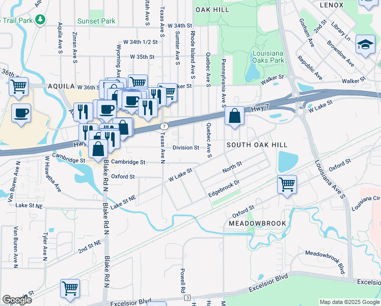 map of restaurants, bars, coffee shops, grocery stores, and more near 7726 West Lake Street in St. Louis Park