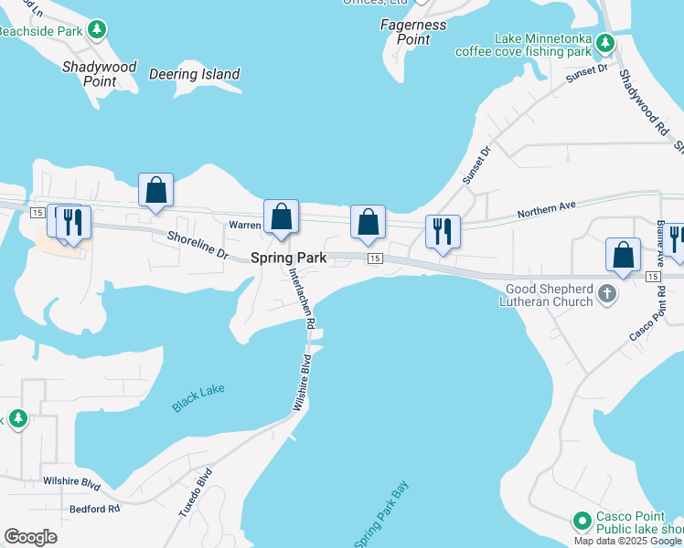 map of restaurants, bars, coffee shops, grocery stores, and more near 2400 Interlachen Road in Spring Park