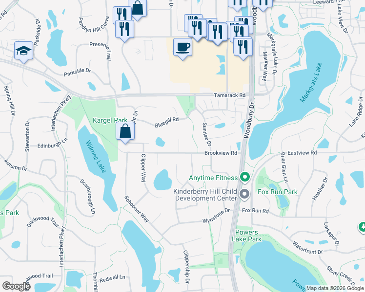 map of restaurants, bars, coffee shops, grocery stores, and more near 9675 Brookview Road in Woodbury