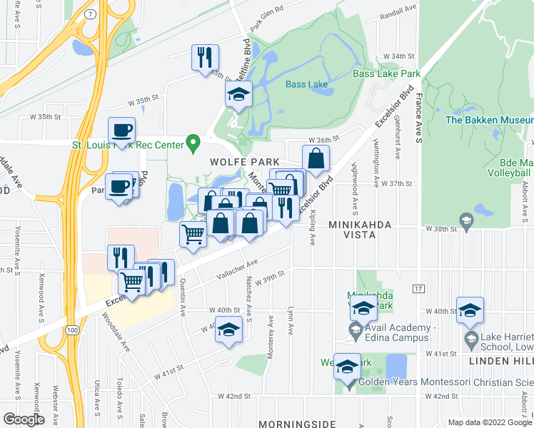 map of restaurants, bars, coffee shops, grocery stores, and more near 4509 Excelsior Boulevard in Minneapolis