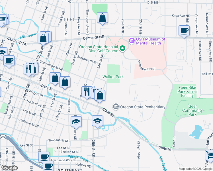 map of restaurants, bars, coffee shops, grocery stores, and more near 330 25th Street Northeast in Salem