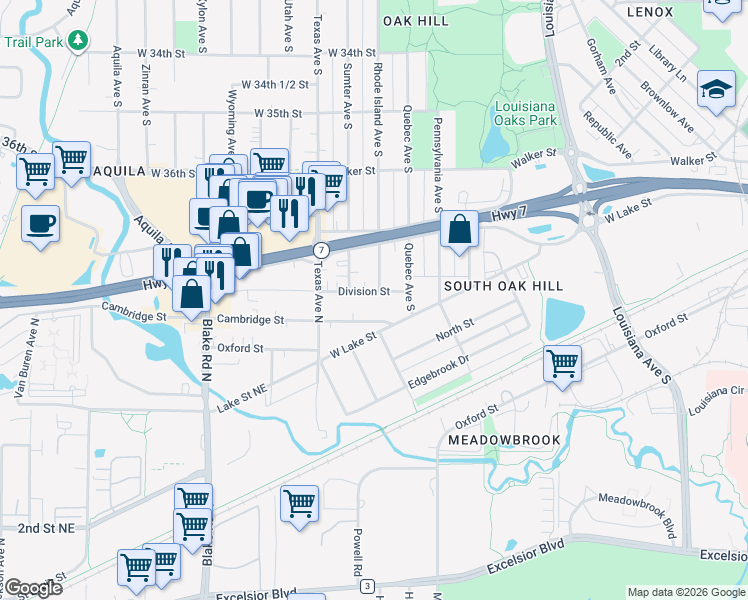 map of restaurants, bars, coffee shops, grocery stores, and more near 7726 West Lake Street in St. Louis Park