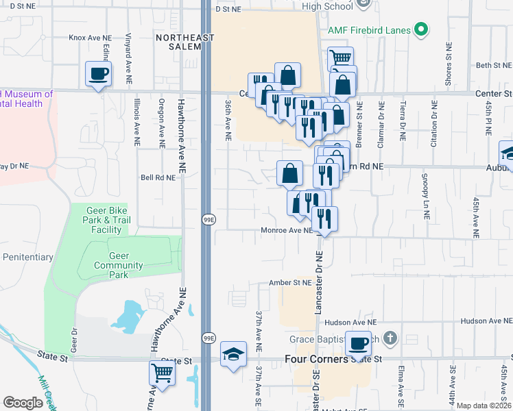 map of restaurants, bars, coffee shops, grocery stores, and more near 3742 Bell Road Northeast in Salem