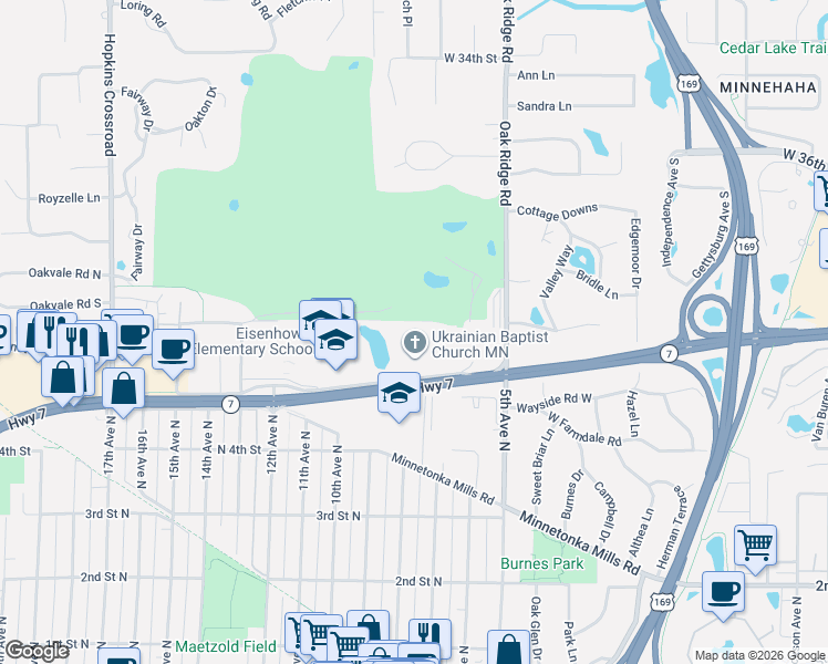 map of restaurants, bars, coffee shops, grocery stores, and more near 555 Oak Ridge Place in Hopkins