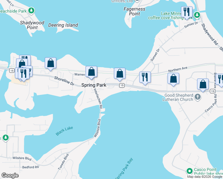 map of restaurants, bars, coffee shops, grocery stores, and more near 4244 Shoreline Drive in Spring Park