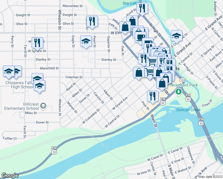map of restaurants, bars, coffee shops, grocery stores, and more near in Chippewa Falls