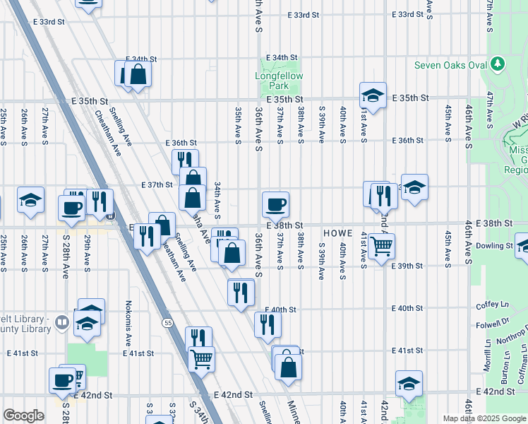 map of restaurants, bars, coffee shops, grocery stores, and more near 3704 36th Avenue South in Minneapolis