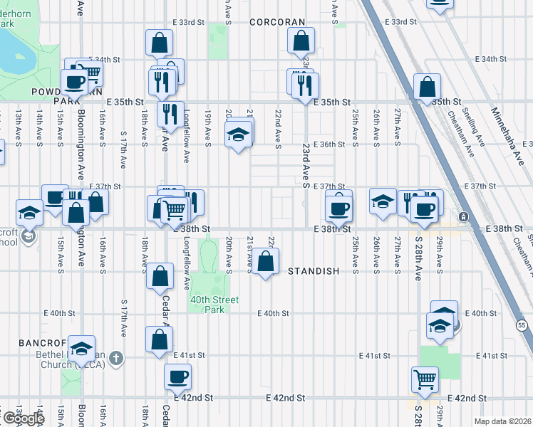 map of restaurants, bars, coffee shops, grocery stores, and more near 3712 22nd Avenue South in Minneapolis