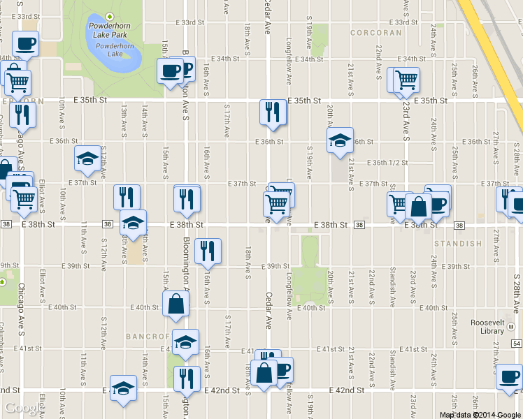 map of restaurants, bars, coffee shops, grocery stores, and more near 3718 Cedar Avenue in Minneapolis