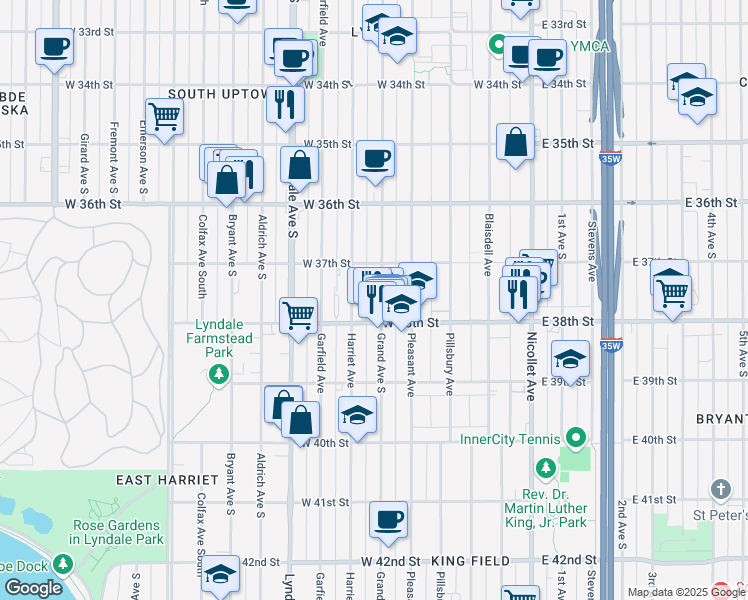 map of restaurants, bars, coffee shops, grocery stores, and more near 3706 Grand Avenue South in Minneapolis