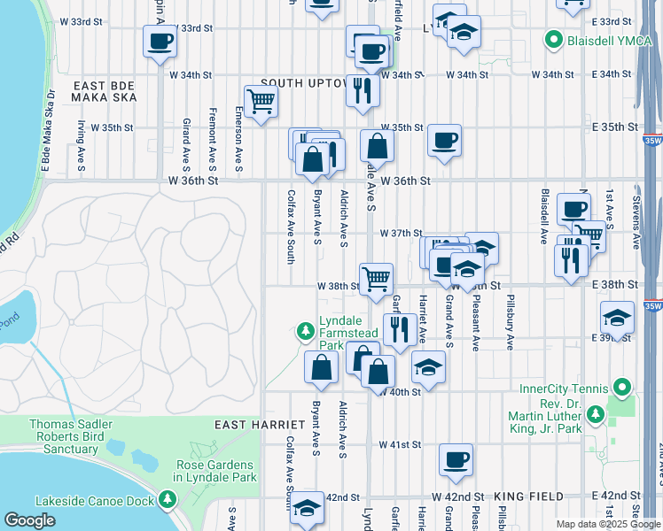 map of restaurants, bars, coffee shops, grocery stores, and more near 721 West 37th Street in Minneapolis