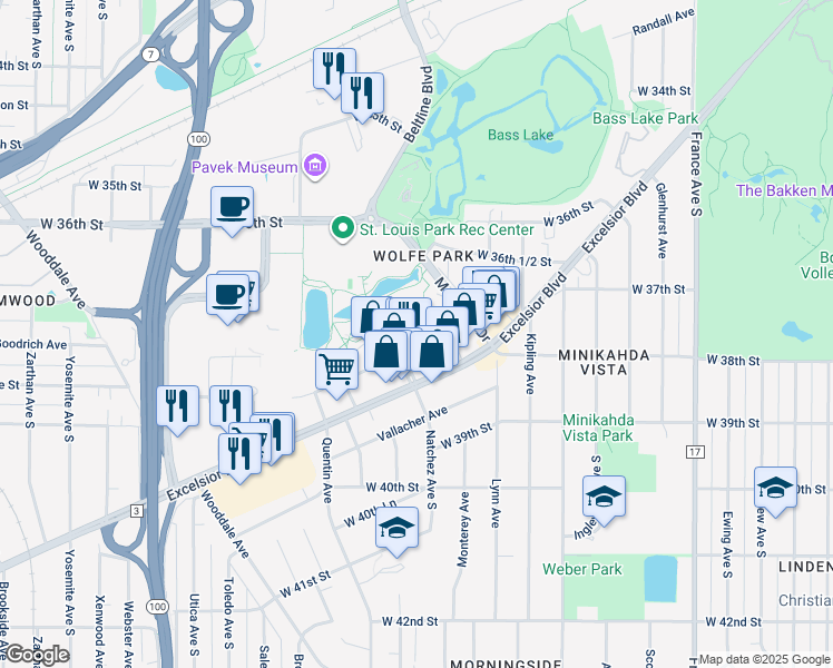 map of restaurants, bars, coffee shops, grocery stores, and more near 4650 Park Commons Drive in St. Louis Park
