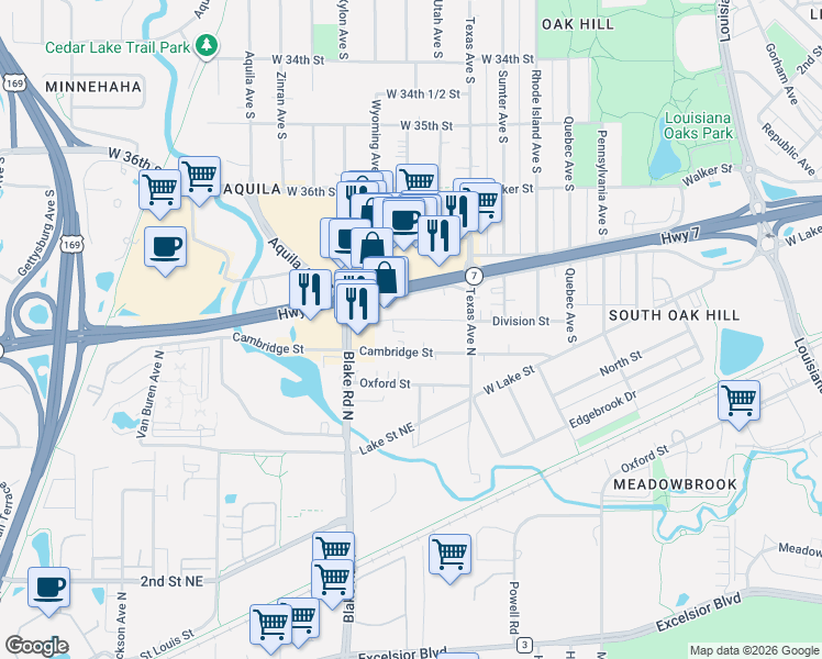 map of restaurants, bars, coffee shops, grocery stores, and more near 8115 Minnesota 7 in St. Louis Park