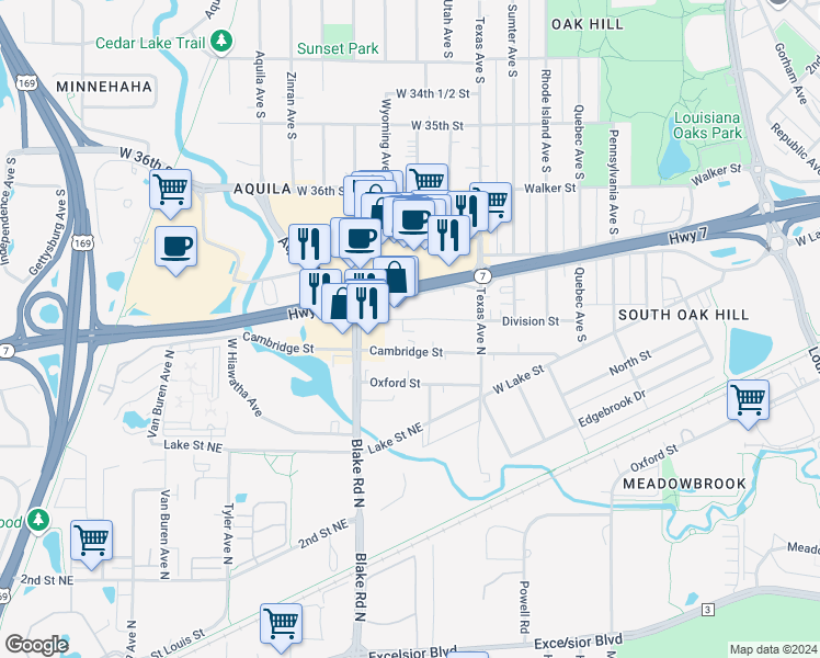 map of restaurants, bars, coffee shops, grocery stores, and more near 8221 Minnesota 7 in St. Louis Park
