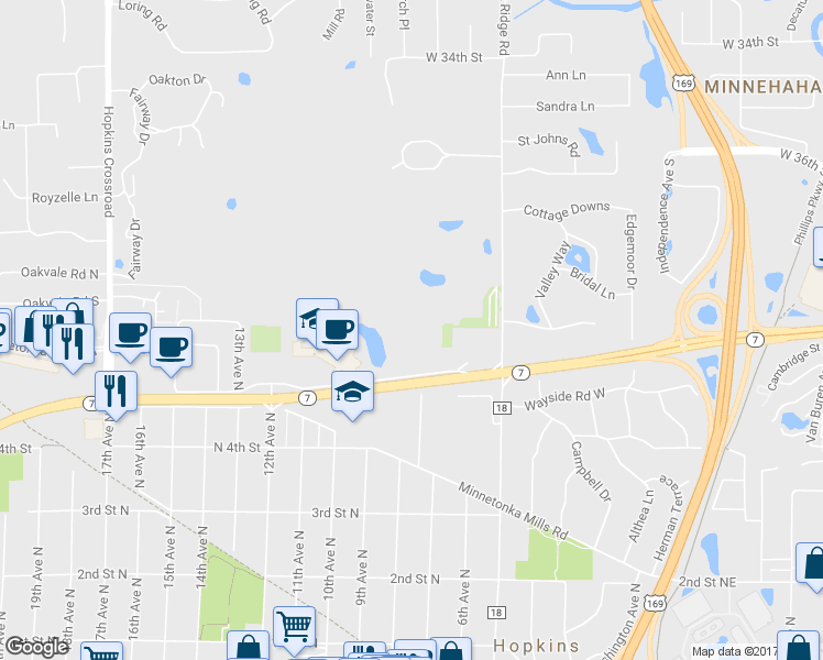 map of restaurants, bars, coffee shops, grocery stores, and more near 555 Oak Ridge Place in Hopkins