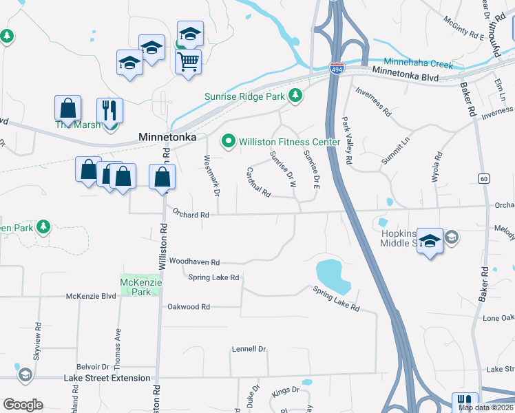 map of restaurants, bars, coffee shops, grocery stores, and more near 3704 Cardinal Road in Minnetonka