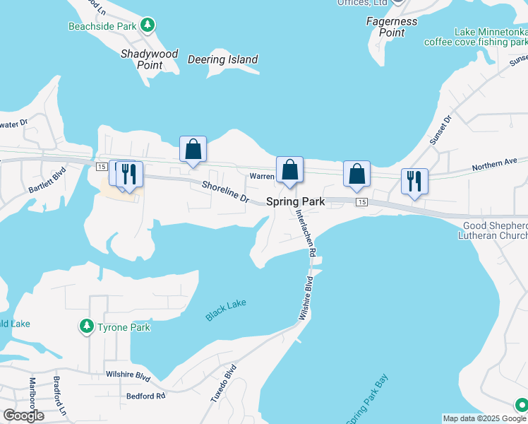 map of restaurants, bars, coffee shops, grocery stores, and more near 4372 Shoreline Drive in Spring Park