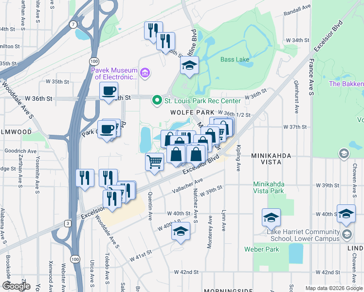 map of restaurants, bars, coffee shops, grocery stores, and more near 4650 Park Commons Drive in St. Louis Park