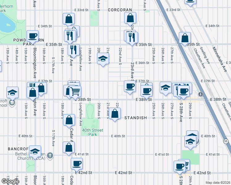 map of restaurants, bars, coffee shops, grocery stores, and more near 3712 22nd Avenue South in Minneapolis