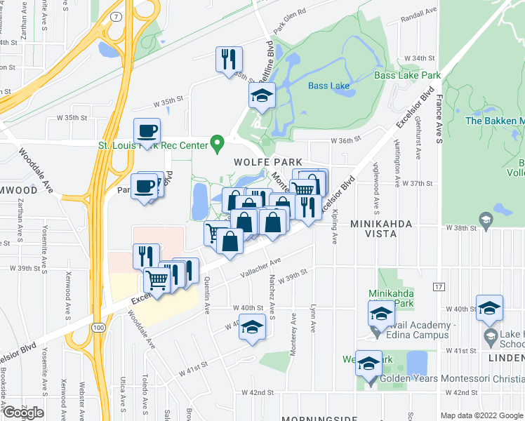 map of restaurants, bars, coffee shops, grocery stores, and more near 3707 Grand Way in Saint Louis Park
