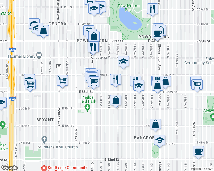 map of restaurants, bars, coffee shops, grocery stores, and more near 3736 10th Avenue South in Minneapolis