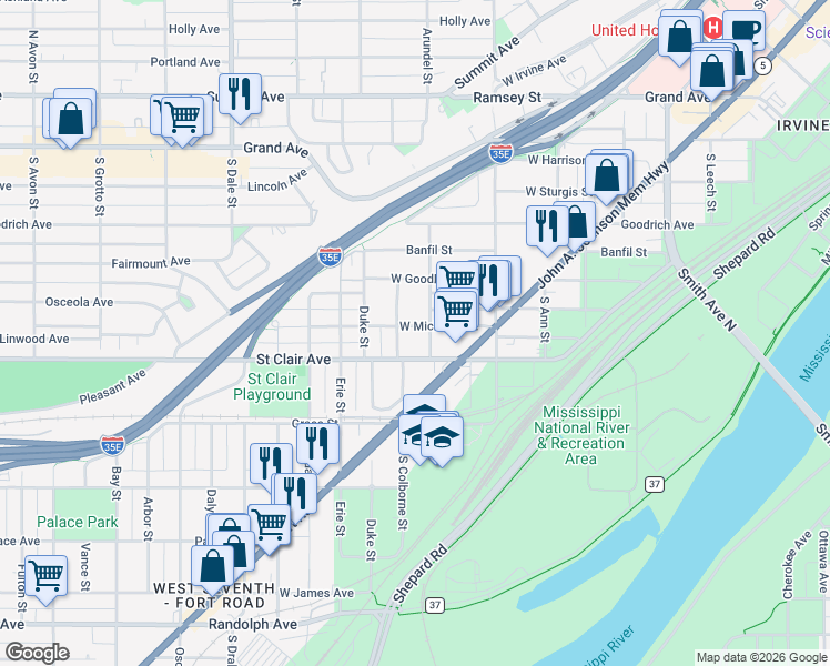 map of restaurants, bars, coffee shops, grocery stores, and more near 195 Richmond Street in Saint Paul