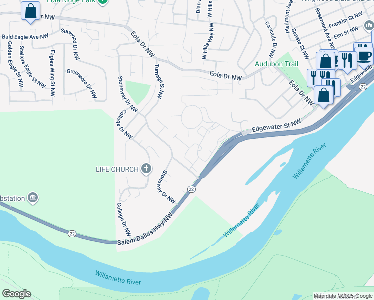 map of restaurants, bars, coffee shops, grocery stores, and more near 177 Paradise Court Northwest in Salem