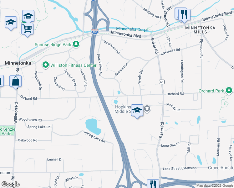 map of restaurants, bars, coffee shops, grocery stores, and more near 3720 Park Valley Road in Hopkins