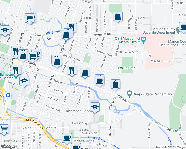 map of restaurants, bars, coffee shops, grocery stores, and more near 2174 Laurine Court Northeast in Salem