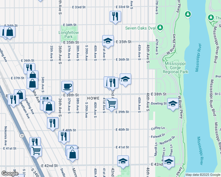map of restaurants, bars, coffee shops, grocery stores, and more near 3704 42nd Avenue South in Minneapolis